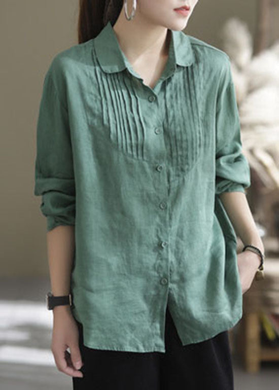 Organic Green Button Wrinkled Peter Pan Collar Linen Blouses Long Sleeve