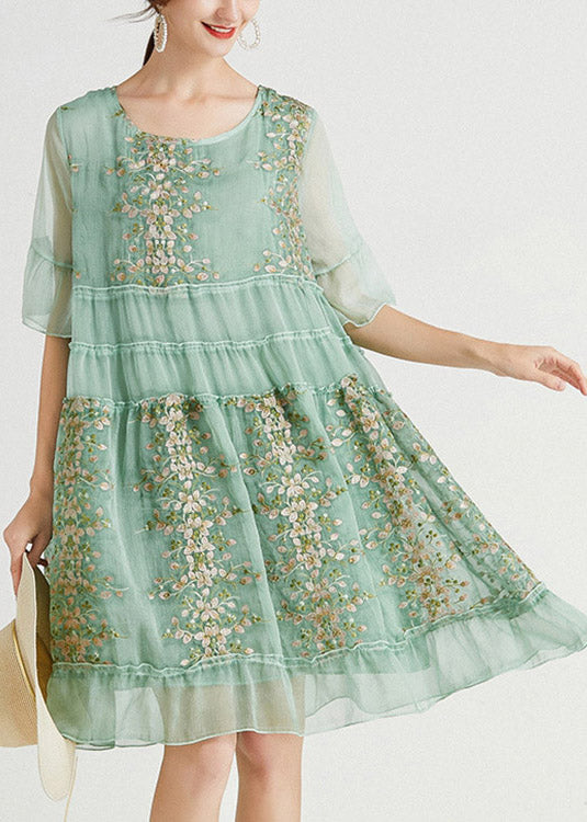 Organic Green O-Neck Embroideried Chiffon Long Dress Summer