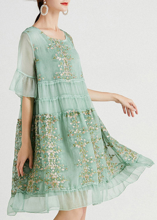 Organic Green O-Neck Embroideried Chiffon Long Dress Summer