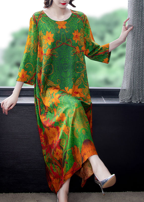 Organic Green O-Neck Print Long Dresses Spring - Omychic
