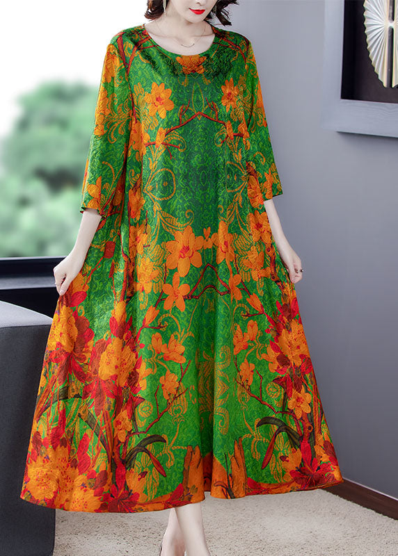 Organic Green O-Neck Print Long Dresses Spring - Omychic