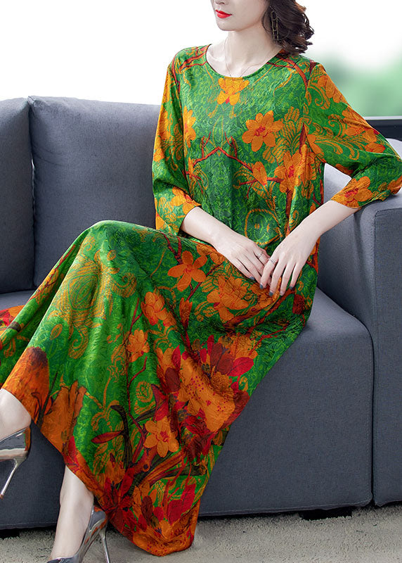 Organic Green O-Neck Print Long Dresses Spring - Omychic
