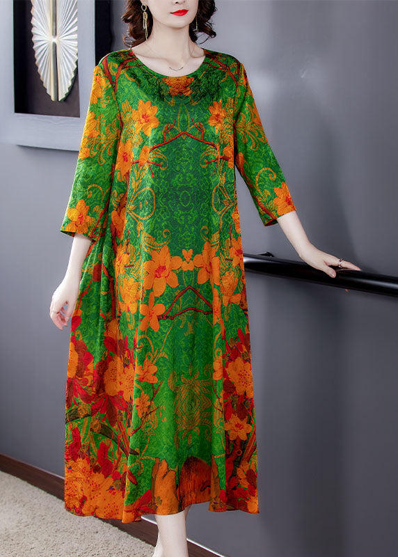 Organic Green O-Neck Print Long Dresses Spring