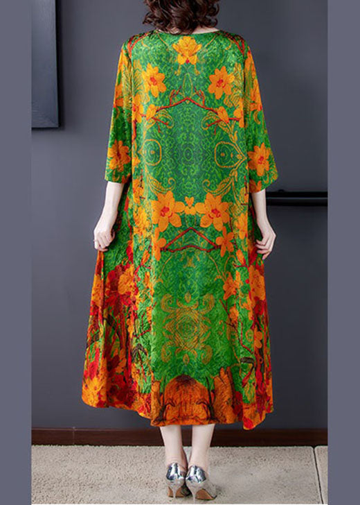 Organic Green O-Neck Print Long Dresses Spring - Omychic