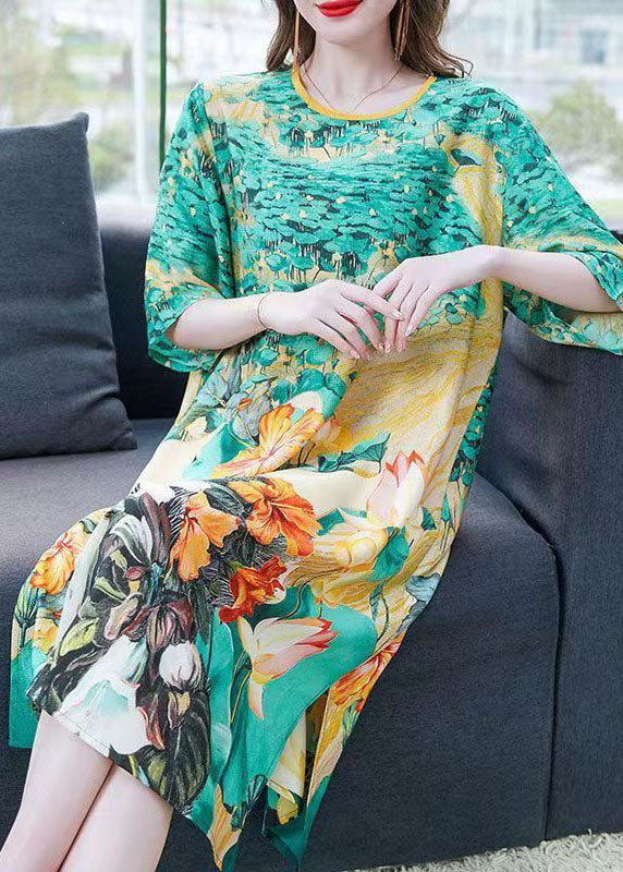 Organic Green O Neck Print Patchwork Chiffon Mid Dress Summer