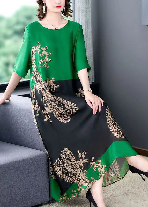 Organic Green O Neck Print Pockets Patchwork Silk Long Dresses Summer