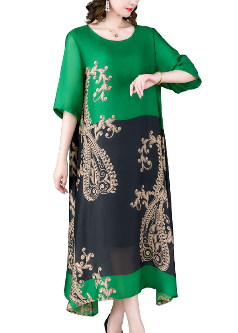 Organic Green O Neck Print Pockets Patchwork Silk Long Dresses Summer