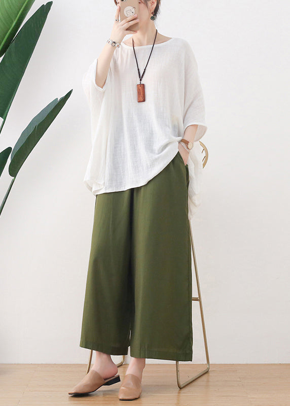 Organic Green Oversized Pockets Cotton Wide Leg Pants Fall