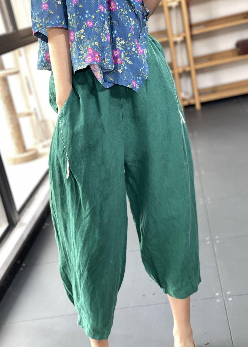 Organic Green Pockets Loose Harem Fall Pants - Omychic