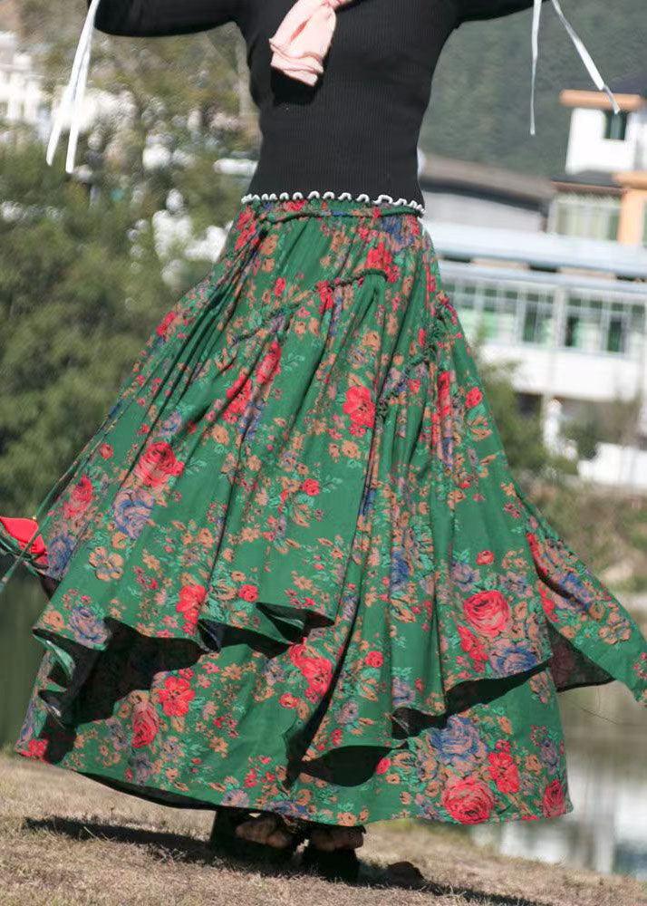 Organic Green Print Cinched Asymmetrical Patchwork Cotton Skirts Fall