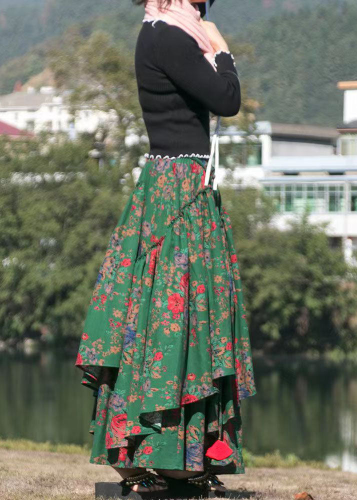 Organic Green Print Cinched Asymmetrical Patchwork Cotton Skirts Fall