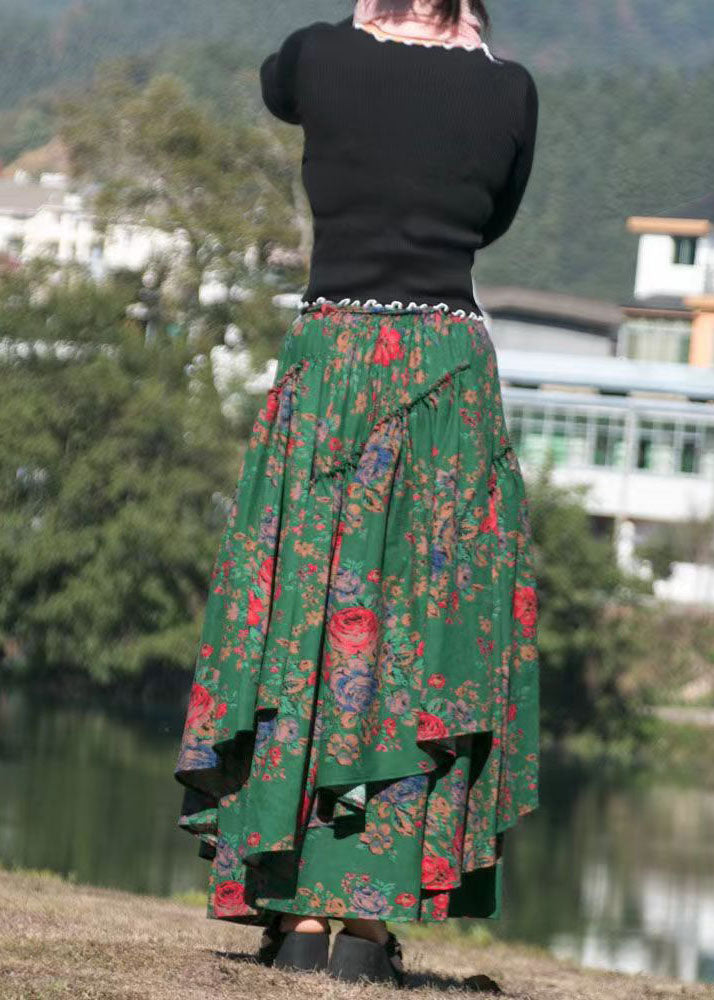 Organic Green Print Cinched Asymmetrical Patchwork Cotton Skirts Fall