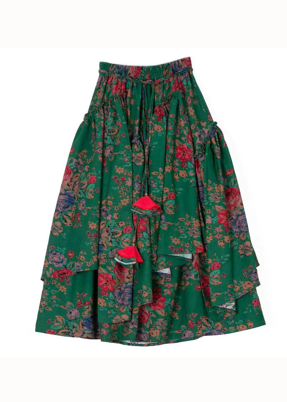 Organic Green Print Cinched Asymmetrical Patchwork Cotton Skirts Fall