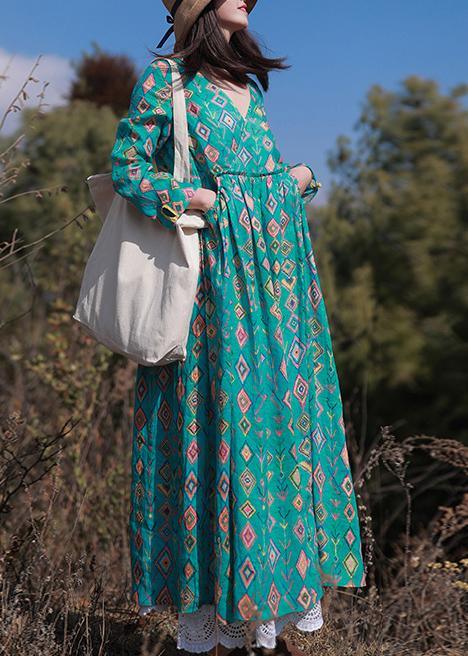 Organic Green Print dress V-Neck Spring Dress - Omychic