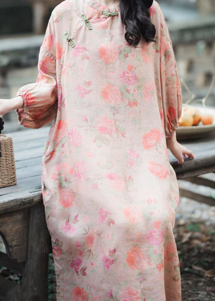 Organic Green Stand Collar Print Button Patchwork Linen Dresses Puff Sleeve