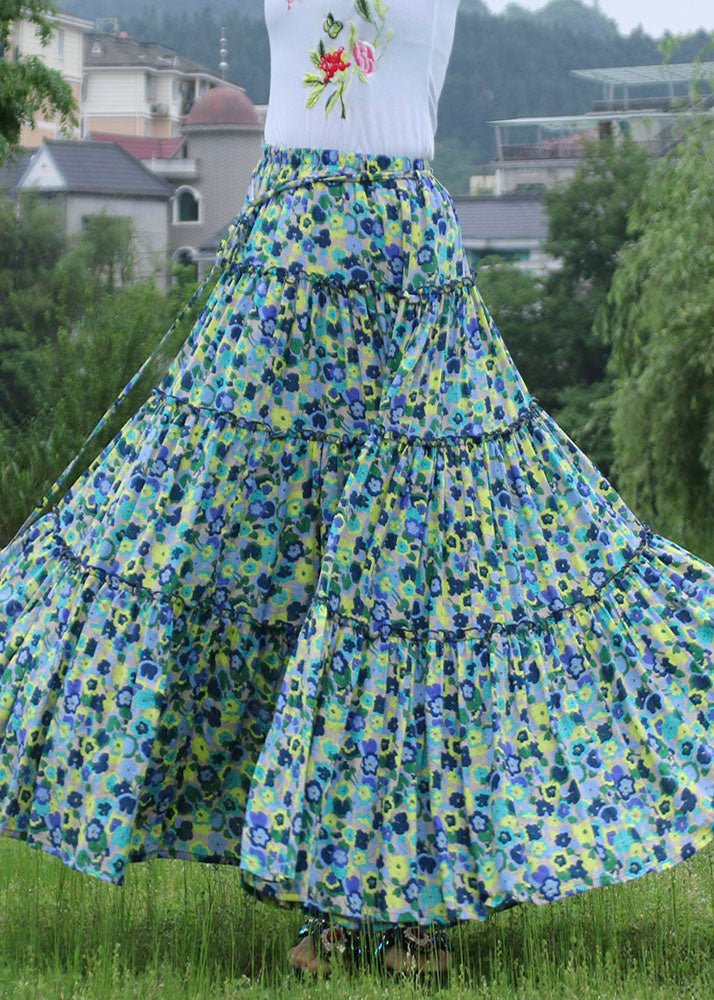 Organic Green Wrinkled Print High Waist Patchwork Cotton Skirt Summer