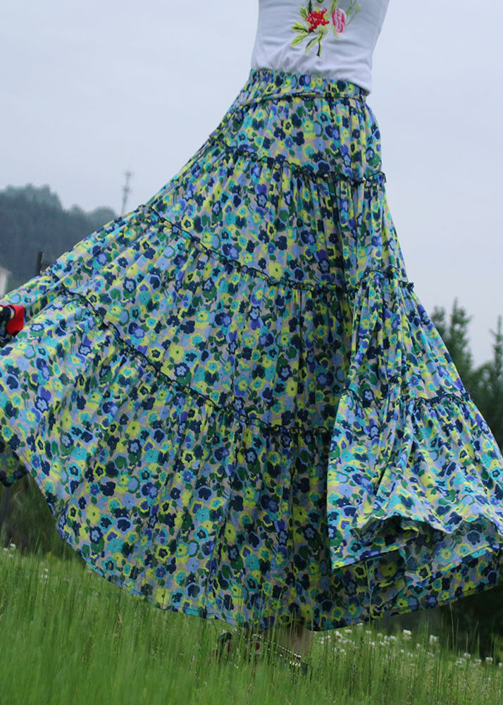 Organic Green Wrinkled Print High Waist Patchwork Cotton Skirt Summer