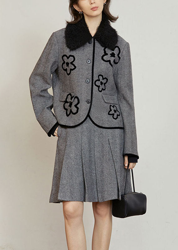 Organic Grey Floral Button Woolen Coat And Skirts Two Pieces Set Fall