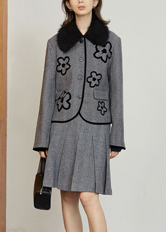Organic Grey Floral Button Woolen Coat And Skirts Two Pieces Set Fall
