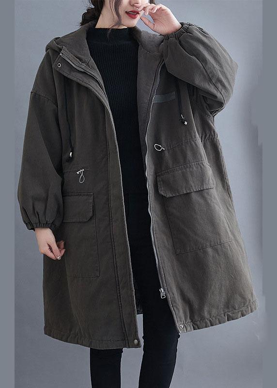 Organic Grey Hooded Zippered Pockets Winter Long sleeve Coat - Omychic