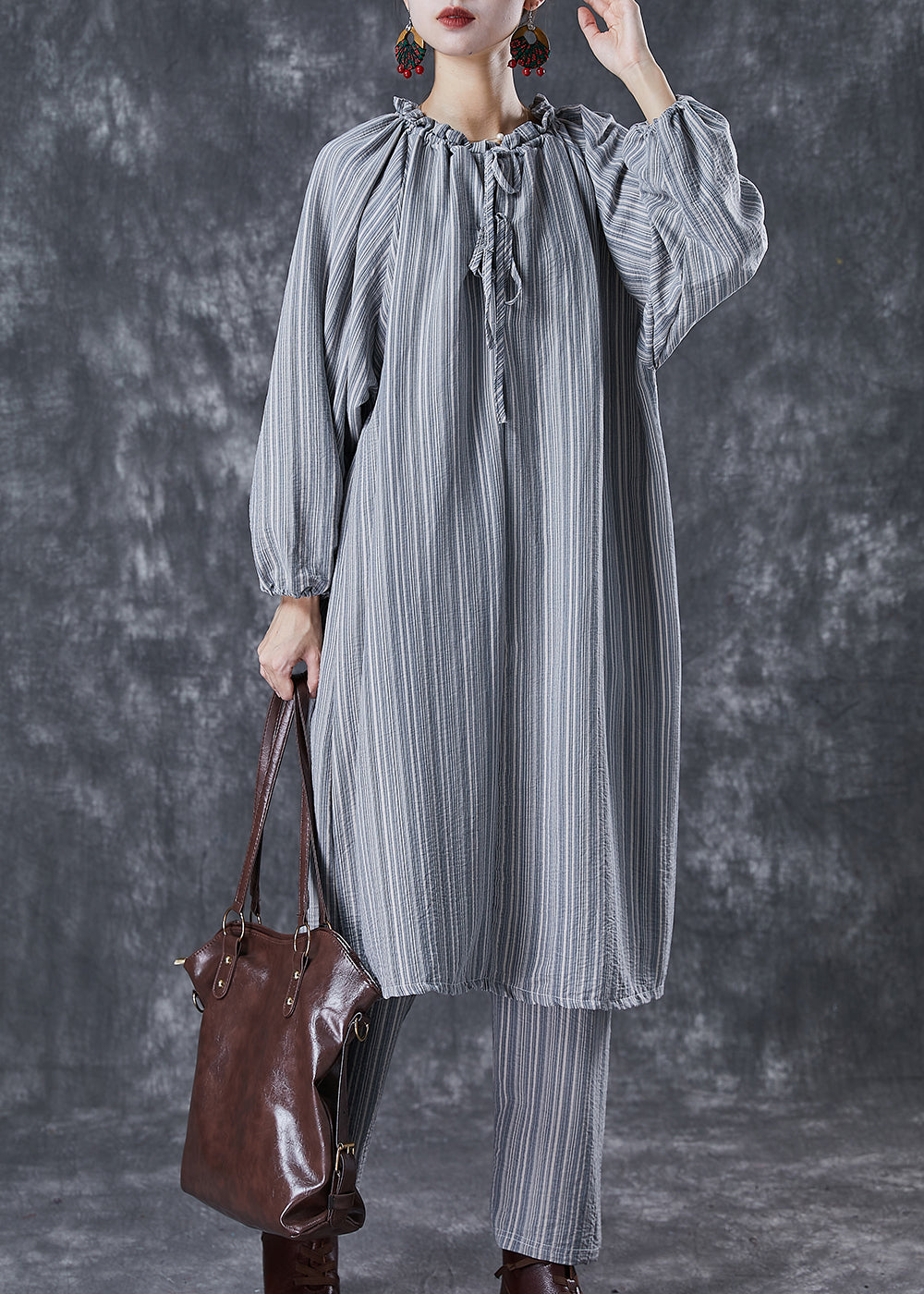 Organic Grey Ruffled Striped Cotton Dress Two Piece Suit Set Fall