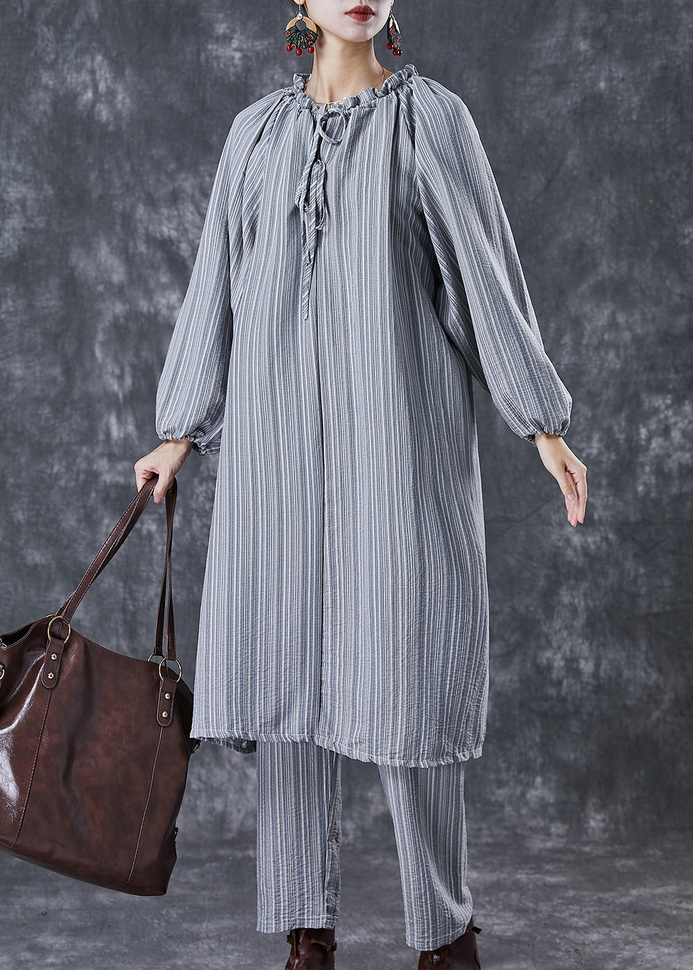 Organic Grey Ruffled Striped Cotton Dress Two Piece Suit Set Fall