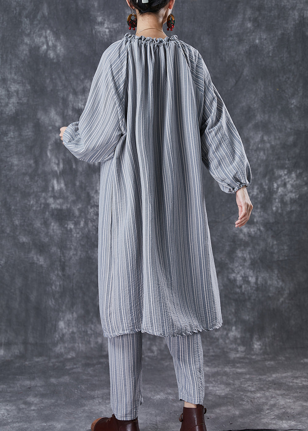 Organic Grey Ruffled Striped Cotton Dress Two Piece Suit Set Fall