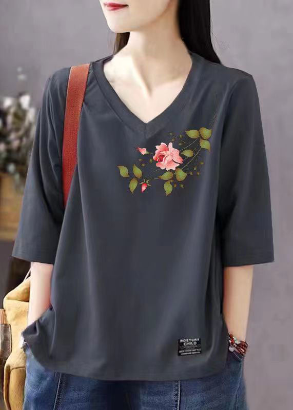 Organic Grey V Neck Print Patchwork Cotton T Shirts Top Summer
