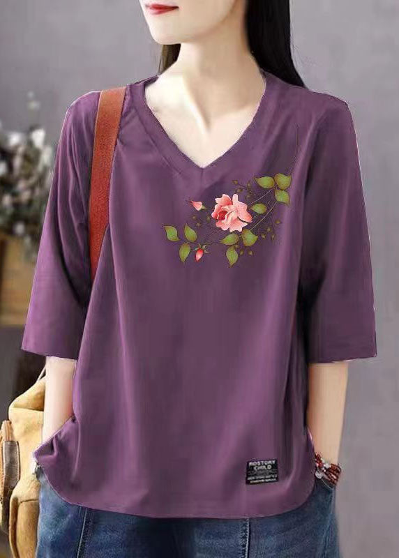 Organic Grey V Neck Print Patchwork Cotton T Shirts Top Summer