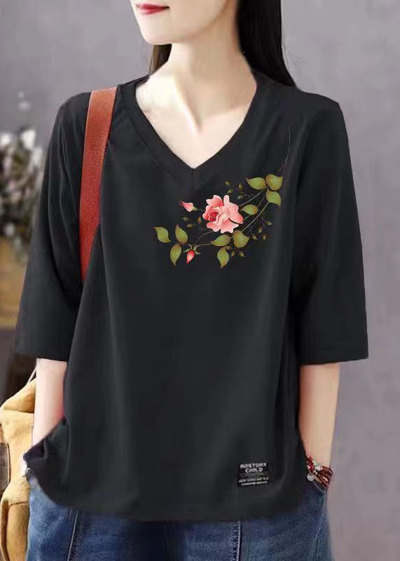 Organic Grey V Neck Print Patchwork Cotton T Shirts Top Summer