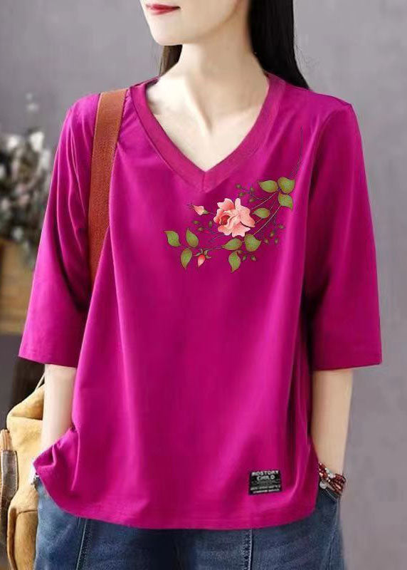 Organic Grey V Neck Print Patchwork Cotton T Shirts Top Summer