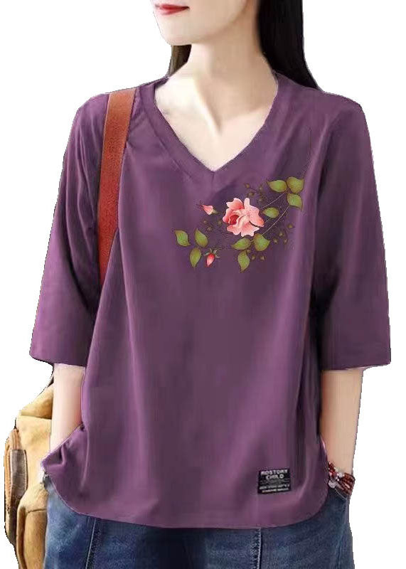 Organic Grey V Neck Print Patchwork Cotton T Shirts Top Summer