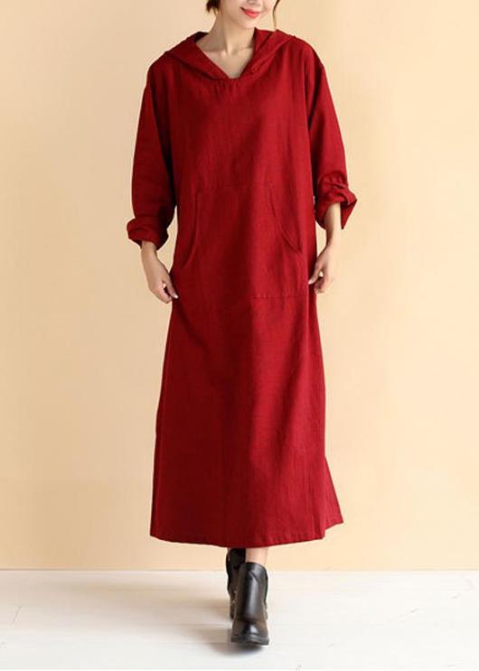 Organic Hooded Pockets Spring Tunics Neckline Burgundy Loose Dress - Omychic