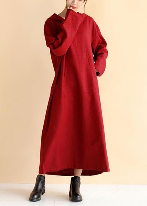 Organic Hooded Pockets Spring Tunics Neckline Burgundy Loose Dress - Omychic