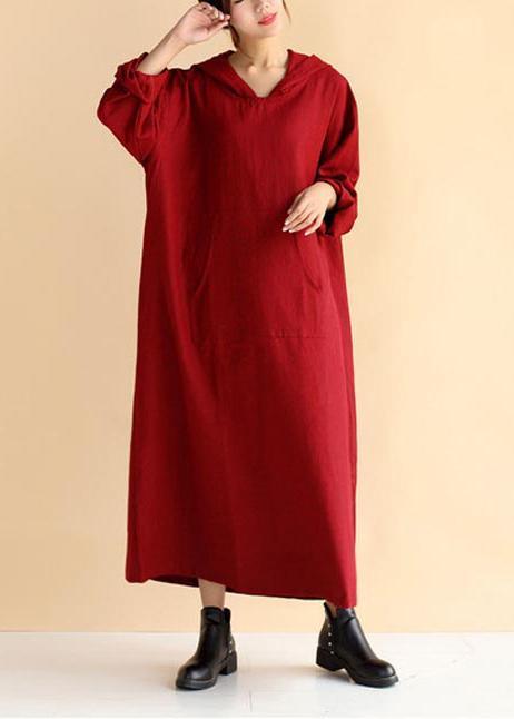 Organic Hooded Pockets Spring Tunics Neckline Burgundy Loose Dress - Omychic