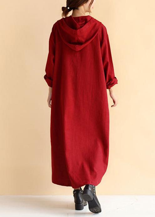 Organic Hooded Pockets Spring Tunics Neckline Burgundy Loose Dress - Omychic