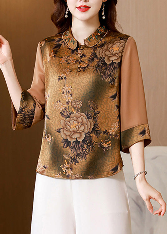 Organic Khaki Peter Pan Collar Print Silk Shirt Spring