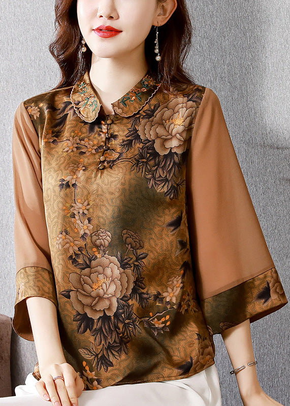 Organic Khaki Peter Pan Collar Print Silk Shirt Spring