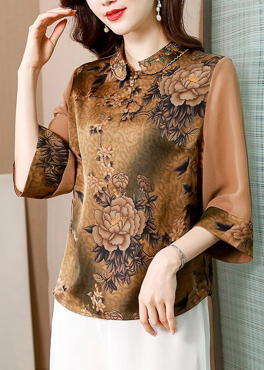 Organic Khaki Peter Pan Collar Print Silk Shirt Spring