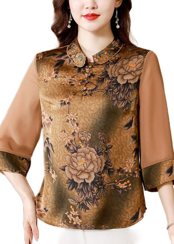 Organic Khaki Peter Pan Collar Print Silk Shirt Spring