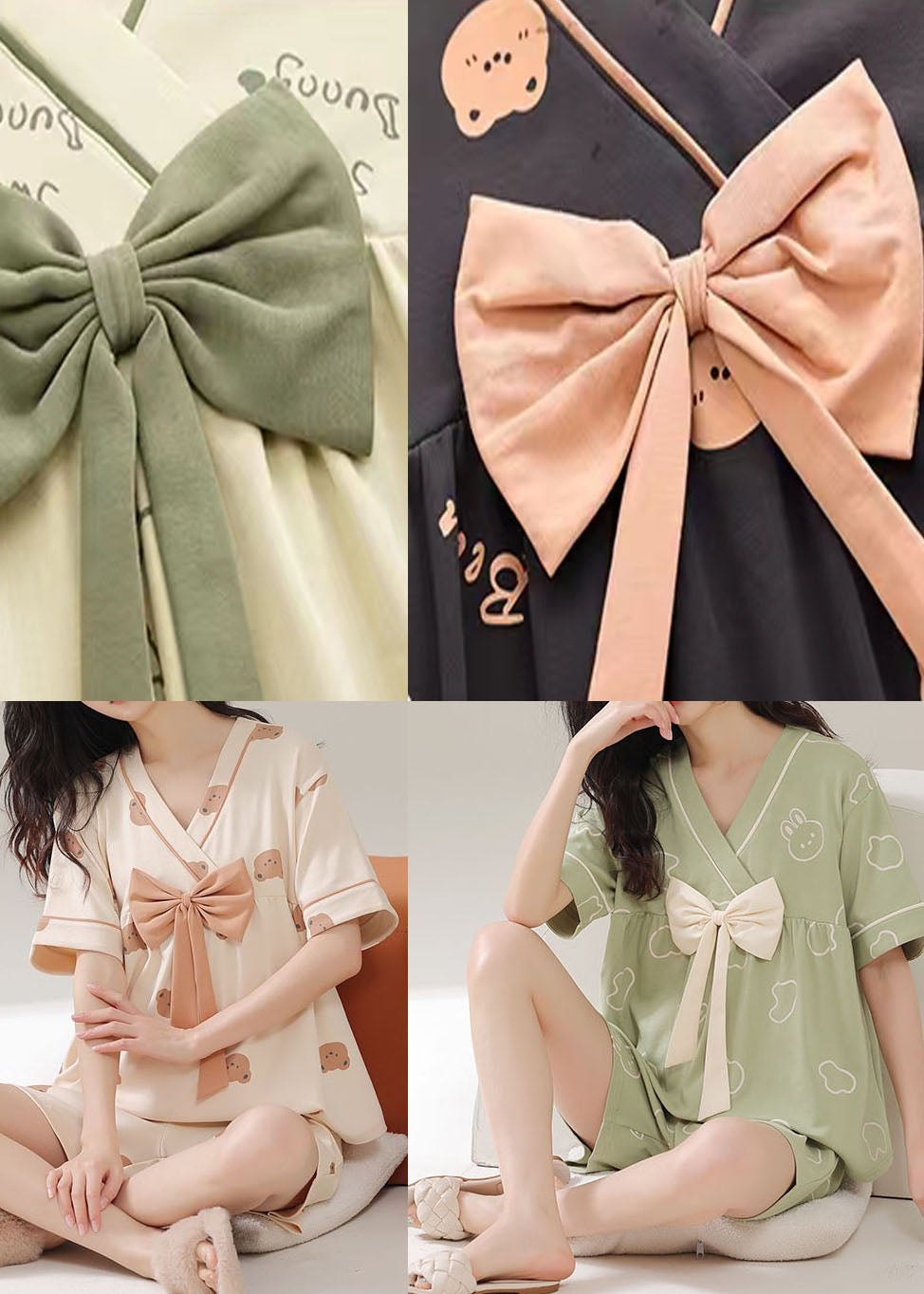 Organic Khaki V Neck Bow Patchwork Cotton Pajamas Two Pieces Set Summer