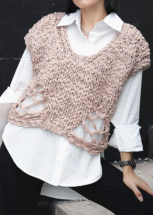 Organic Khaki V Neck Patchwork Knitting Cotton Vest Tops Sleeveless