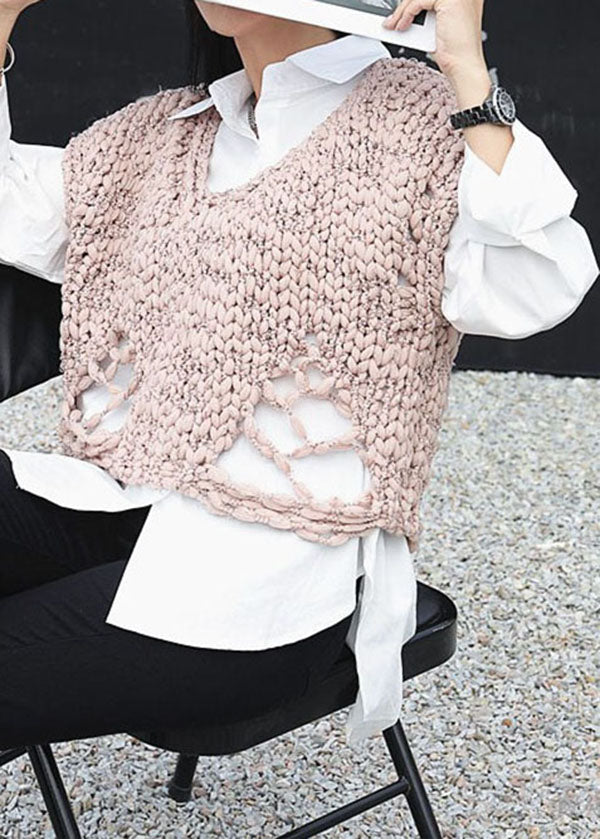 Organic Khaki V Neck Patchwork Knitting Cotton Vest Tops Sleeveless