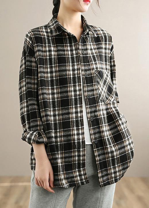 Organic Lapel Button Down Spring Blouse Pattern Black Plaid Tops - Omychic