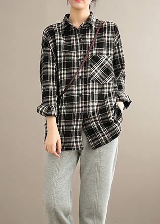 Organic Lapel Button Down Spring Blouse Pattern Black Plaid Tops - Omychic