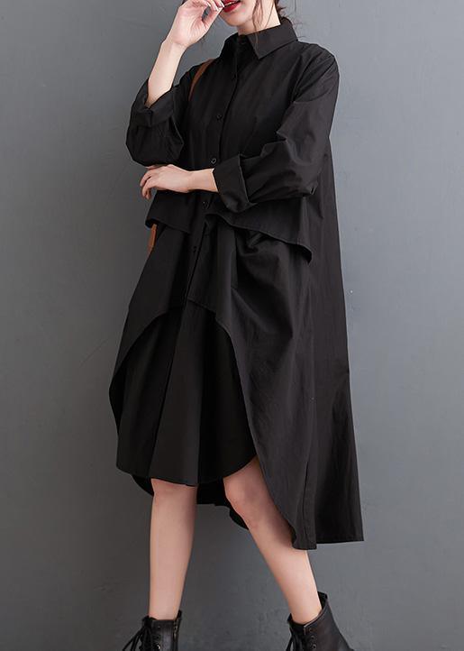 Organic Lapel Low High Design Spring Quilting Clothes Black Kaftan Dresses - Omychic