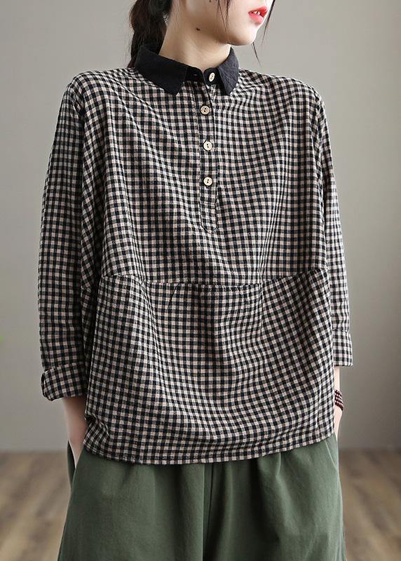 Organic Lapel Patchwork Spring Clothes Shape Black Plaid Shirts - Omychic
