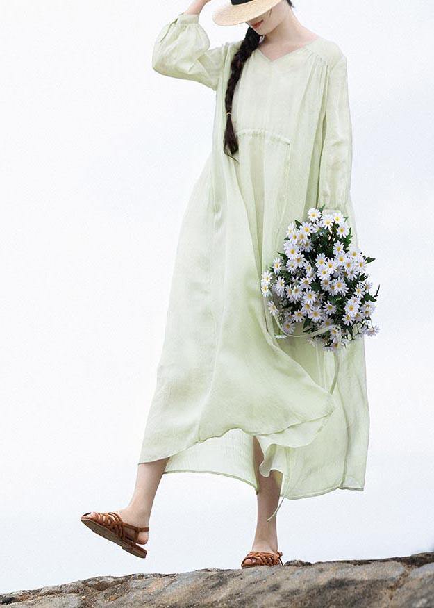 Organic Light Green V Neck Pockets Ankle Summer Linen Dress - Omychic