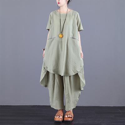 Organic Light green Cotton tunic top stylish Spliced Irregular Short Sleeve Blouse And Pants - Omychic