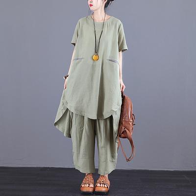 Organic Light green Cotton tunic top stylish Spliced Irregular Short Sleeve Blouse And Pants - Omychic